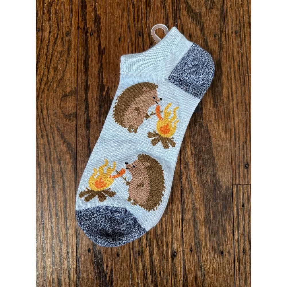 Women's Hello Socks! Light Blue Camping Hedgehogs Low Cut Socks Size 4-10 NWT